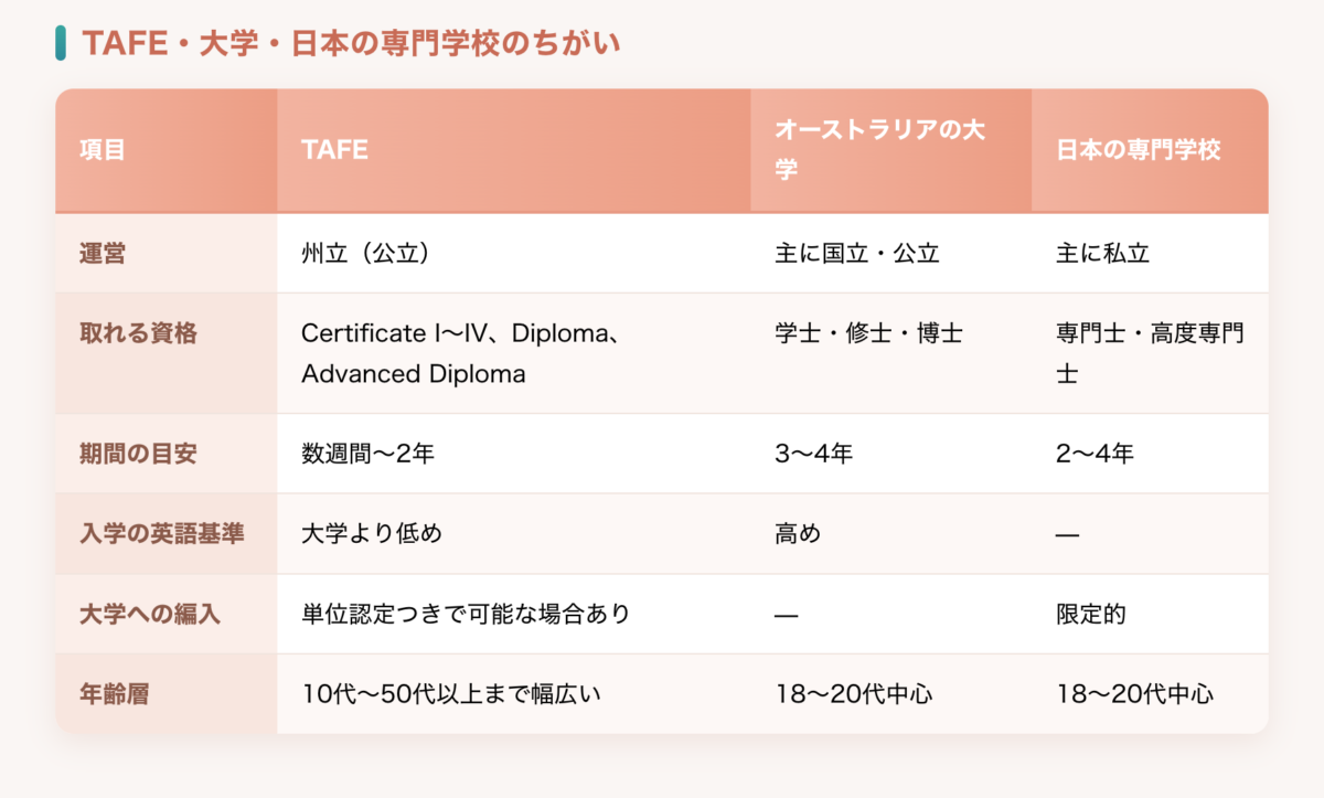 TAFE・オーストラリアの大学・日本の専門学校の違いをまとめた比較表